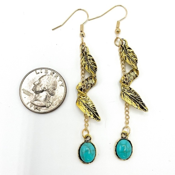 Boho Chic Festival Gold tone & Faux Turquoise dangle earrings - Picture 5 of 6